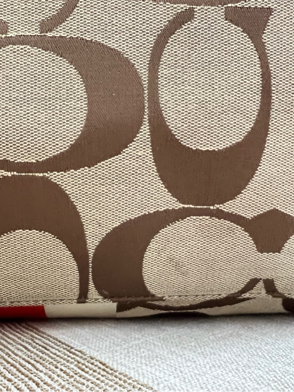 Coach Brown Signature Canvas Tote with Red and White Center Stripe - Picture 10 of 14